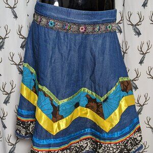 Upcycled Full Midi Denim Skirt with Ribbons and Patches